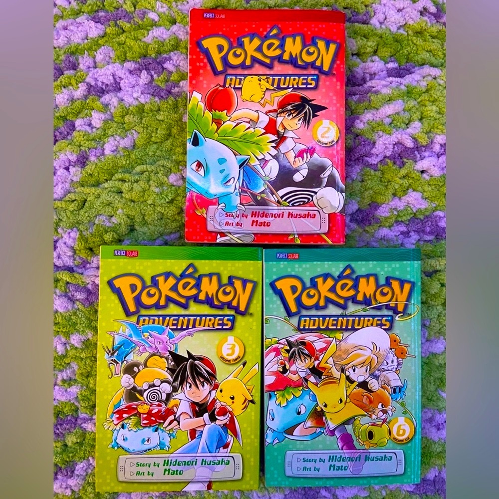 Pokemon adventures volume 2, 3, and 6.